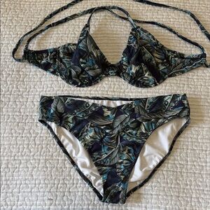 Navy Tropical Leaf Print Bikini size DD/ Large
